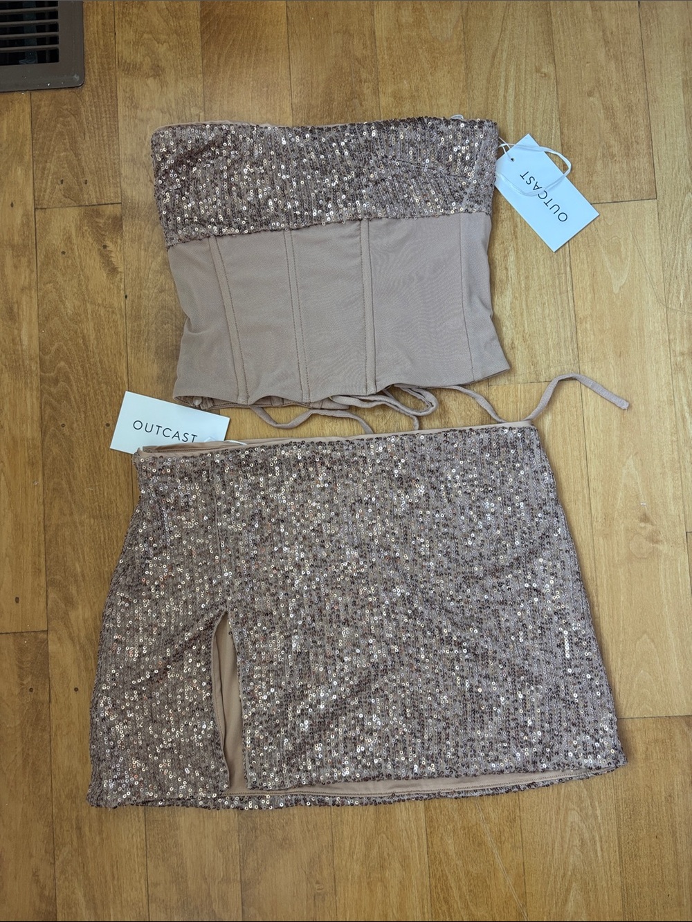 Outcast Taupe Sequin Top and Skirt set — Party-Ready Mini
